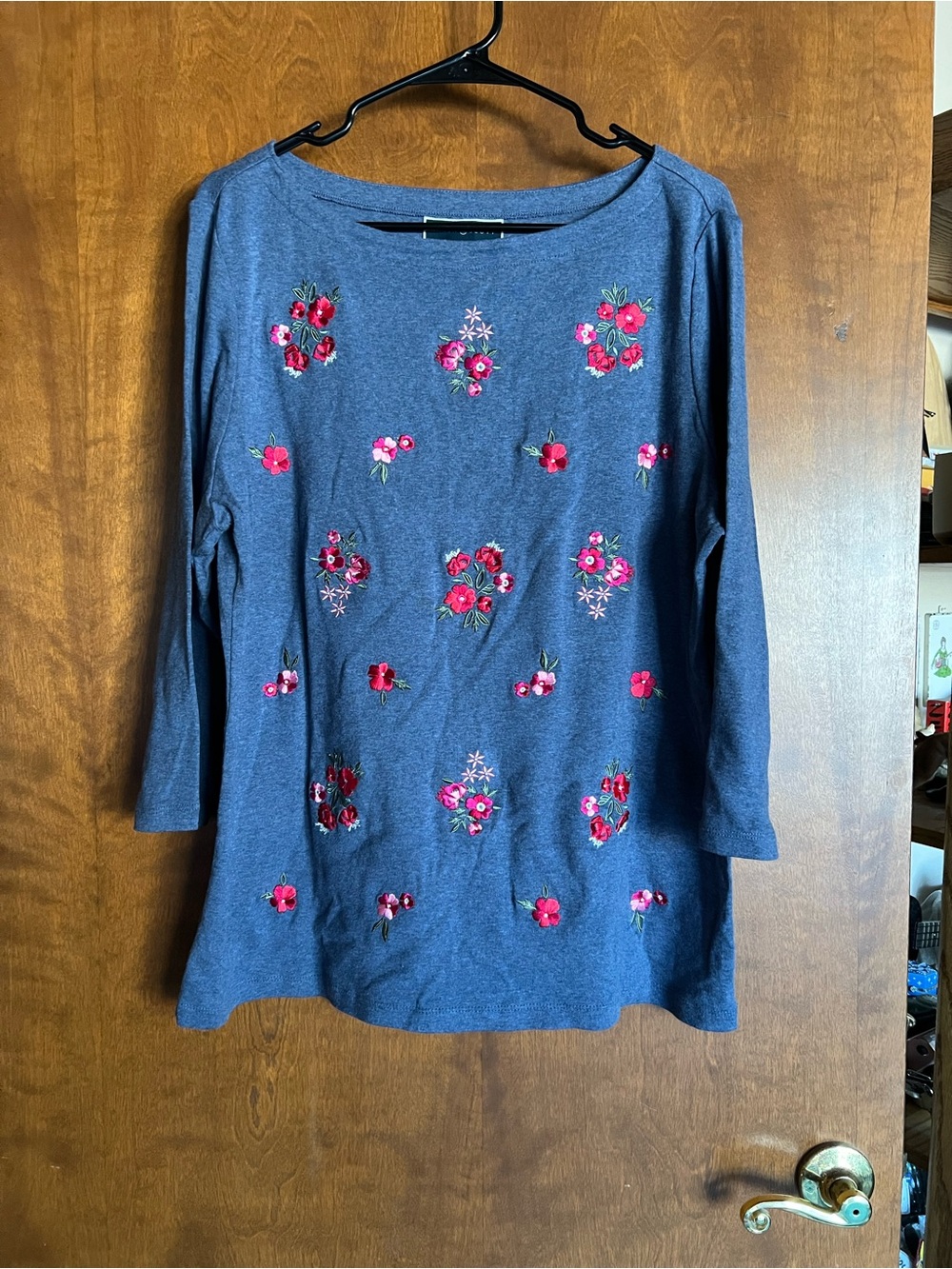 Karen Scott Navy Blue Long Sleeve Top with Pink & Red Floral Embroidery